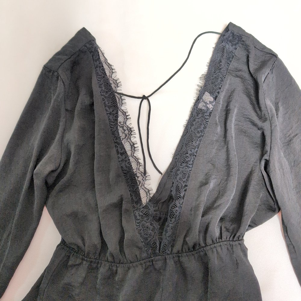 ASOS Black Lace-Trim Long Sleeve Romper Jumpsuit XS - Picture 5 of 6